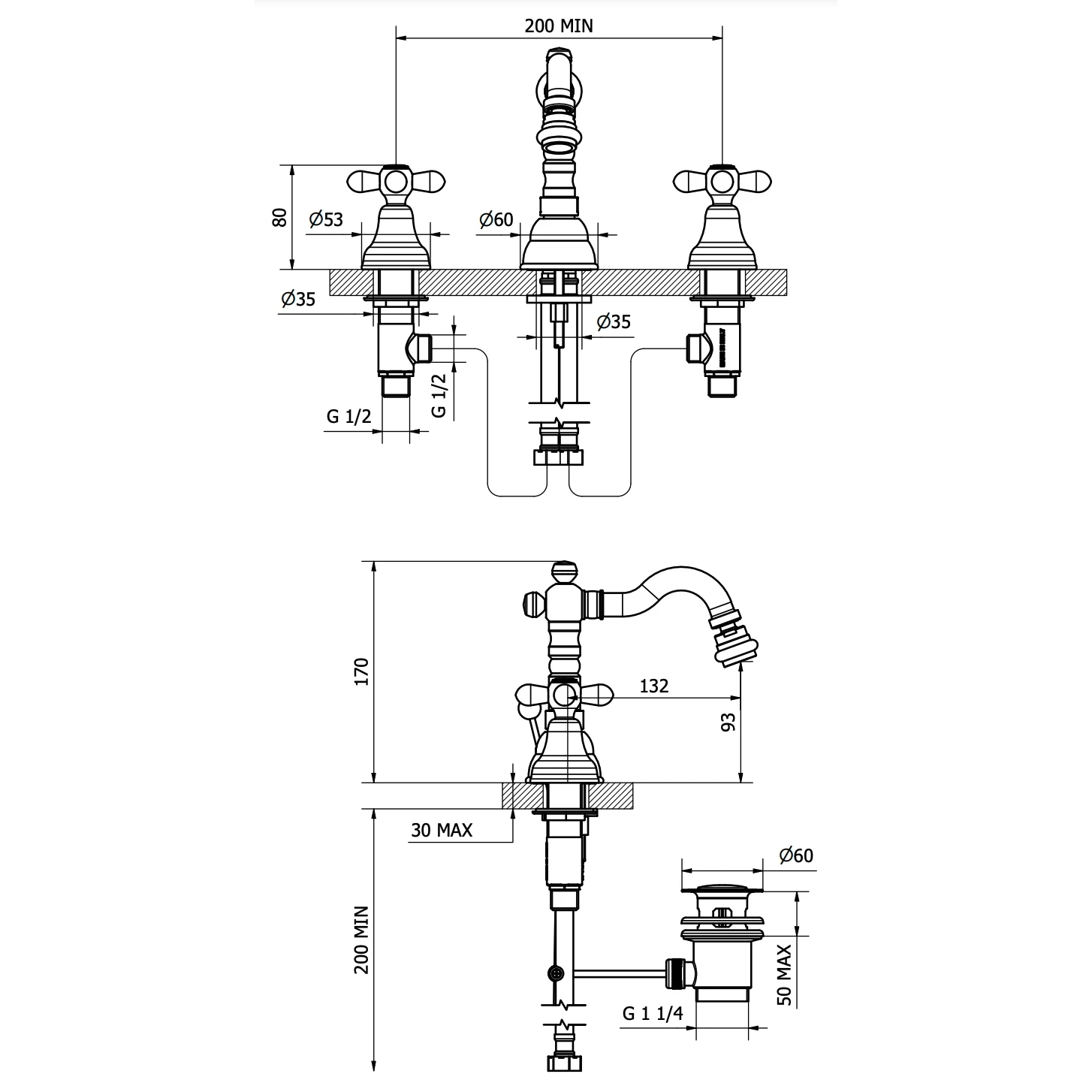 Batteria bidet cromo 3 fori old Daisy Teorema