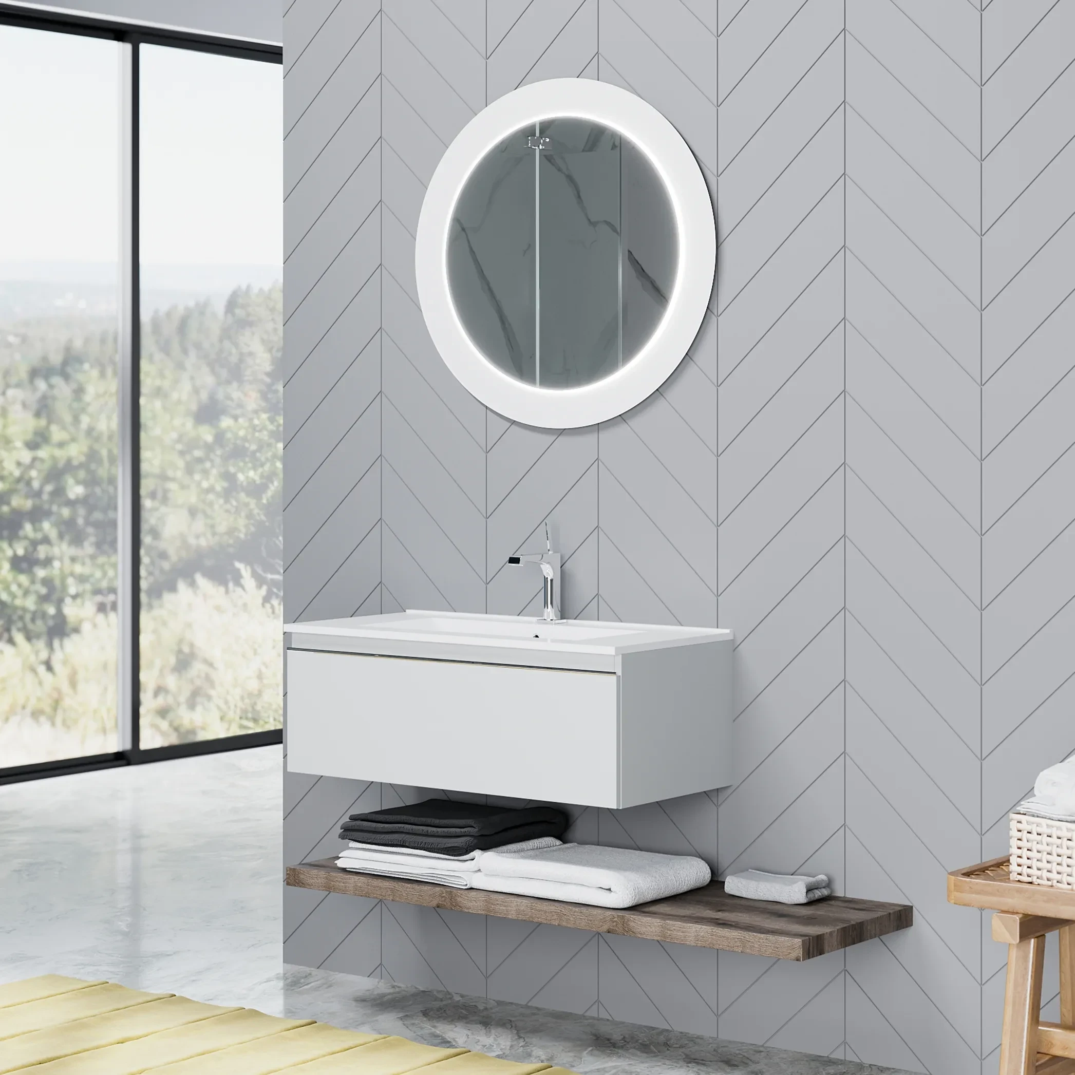 Set Mobile Bagno Vitra Mia 60 Cm – Lavabo Con Specchio E LED, Finitura Cordoba, Cassetto Smontato, Dimensioni 57,5x59,5x39,5 Cm