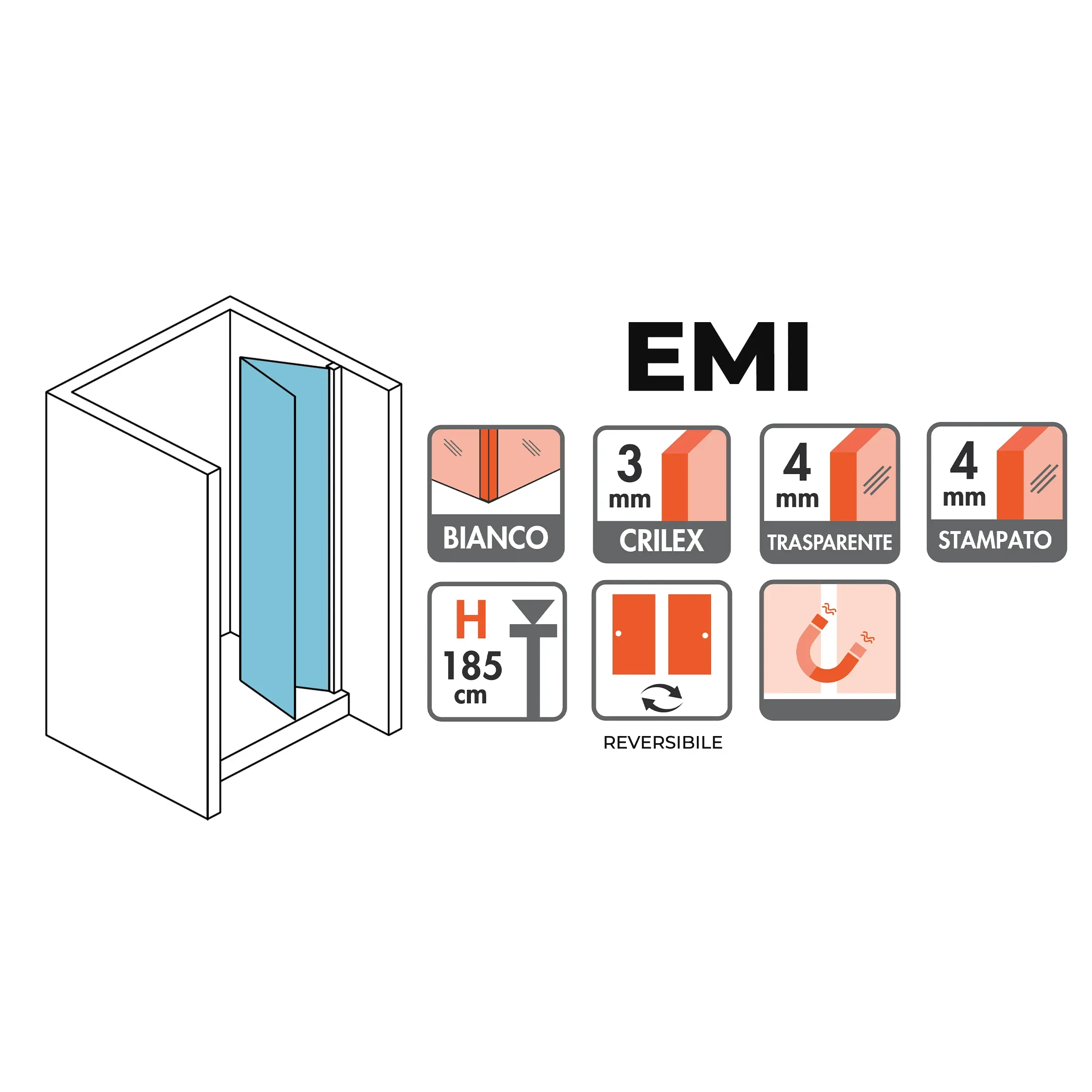 Porta soffietto box doccia bianco apertura interna New Emi Emibox | Echome